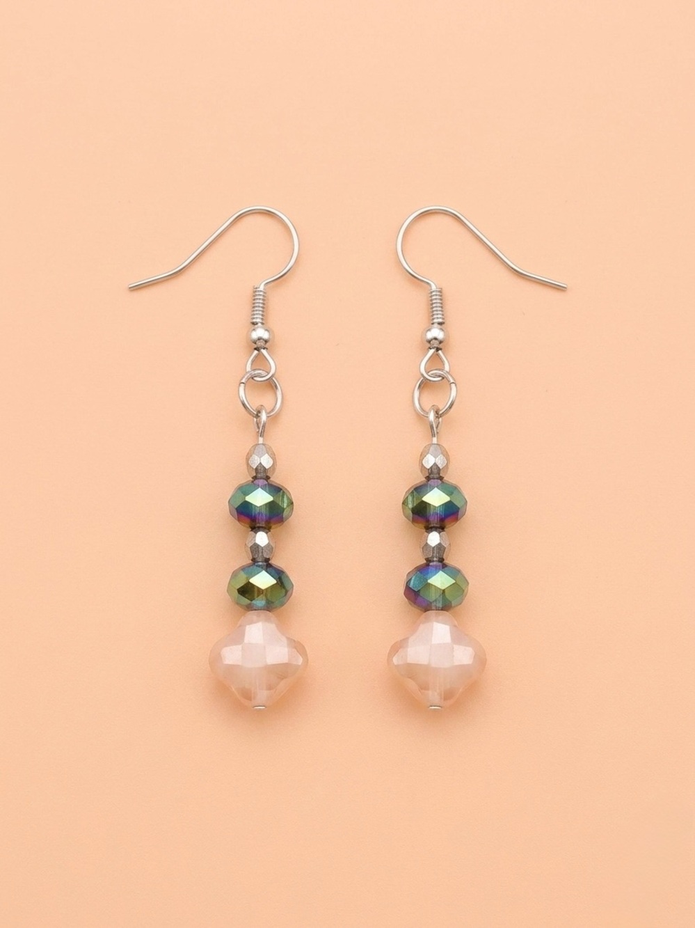 Handmade Iridescent Green and Blush Beaded Drop Earrings